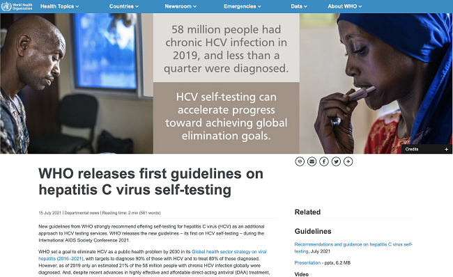 WHO Releases First Guidelines  on C Virus Self-Testing